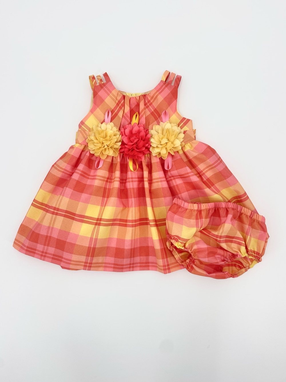 Pink & Yellow Plaid Ruffle Flower Dress & Bloomers Set Size 6-9 Months